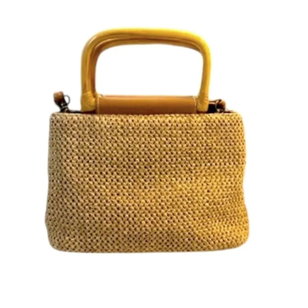 Vintage Fossil Woven Straw Bamboo Handle Top Handle Crossbody Bag